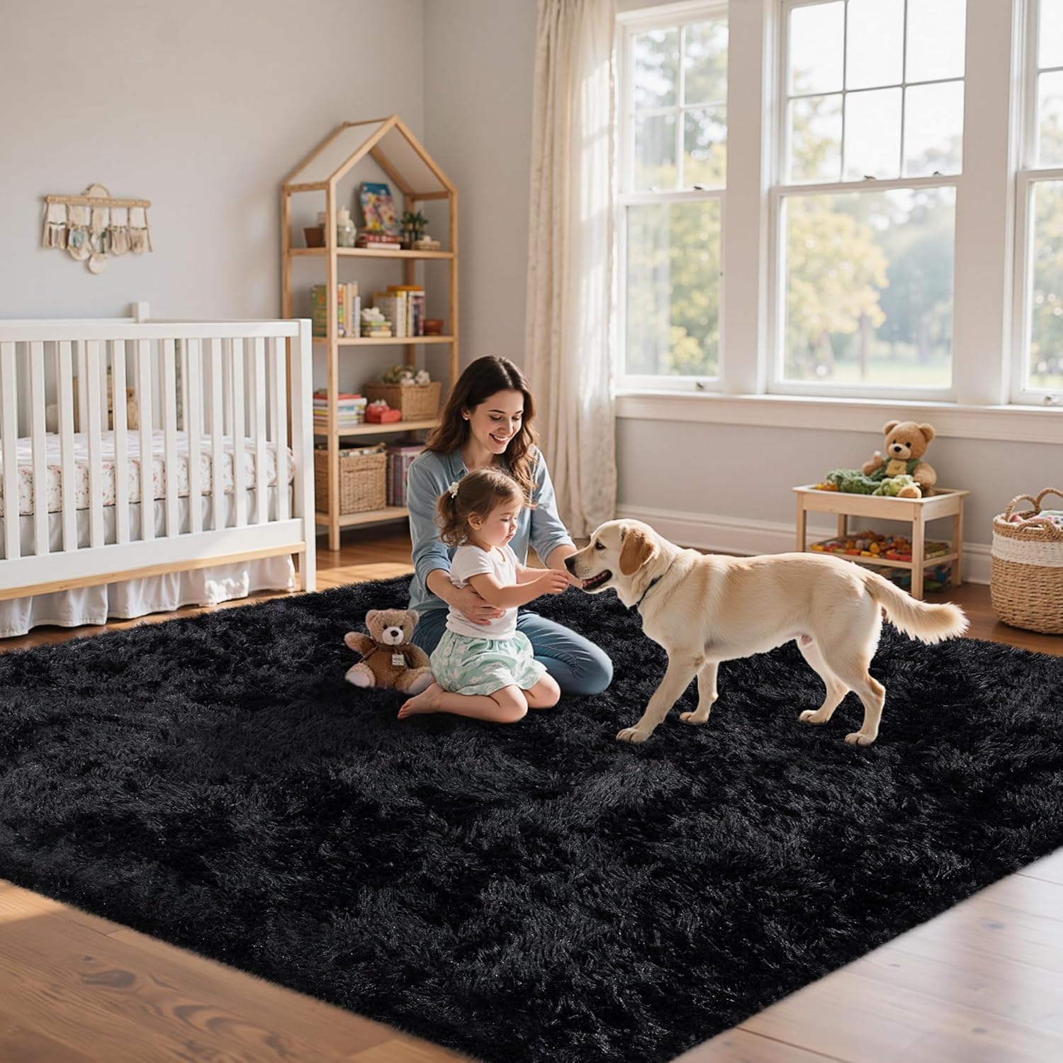 8x10 Area Rug for Living Room:Ultra Soft Fluffy Shag Black Rugs,Large Fuzzy Plush Indoor Non Slip Carpet Washable Rug for Bedroom Kids Nursery Office Dorm Modern Decor(Black)