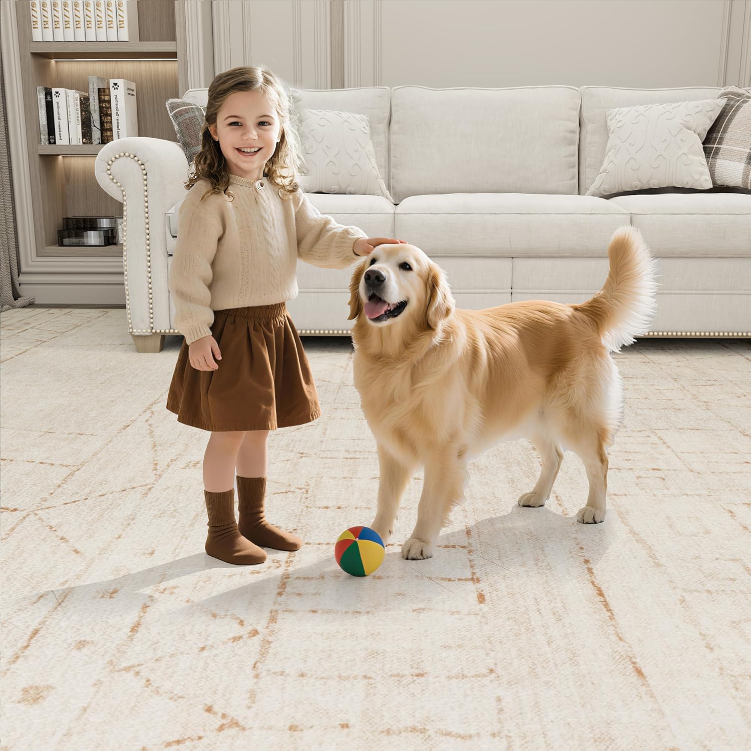 Area Rug Living Room Washable Rugs：8x10 Large Modern Abstract Non-Slip Indoor Thin Low Pile Carpet for Bedroom Dining Office Farmhouse Decor Beige