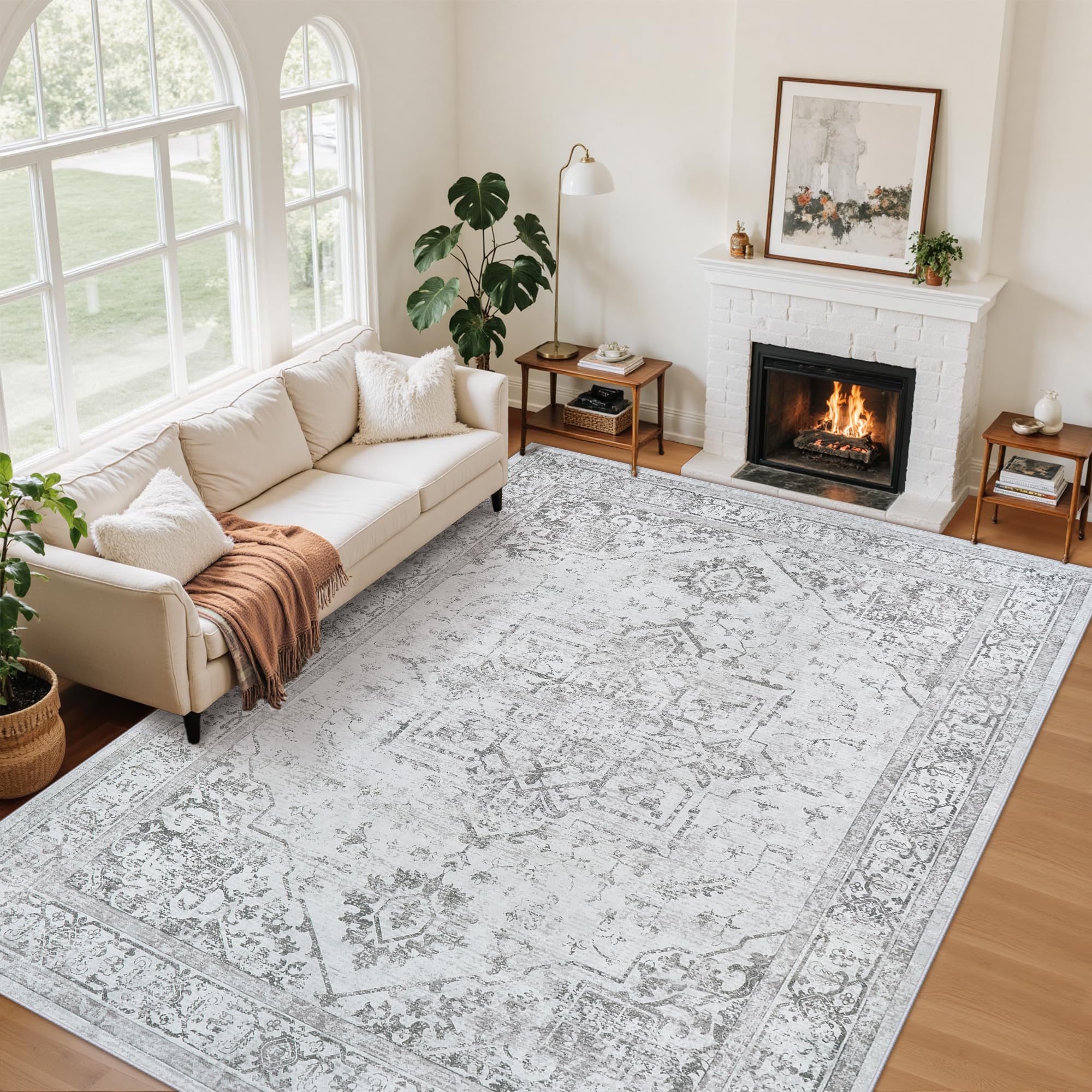 8x10 Area Rugs for Living Room:Beige Washable Vintage Medallion Rug Non-Slip Soft Low Pile Large Rugs Indoor Retro Carpet for Bedroom Kitchen Nursery Dining Table Office (Beige, 8'x10')
